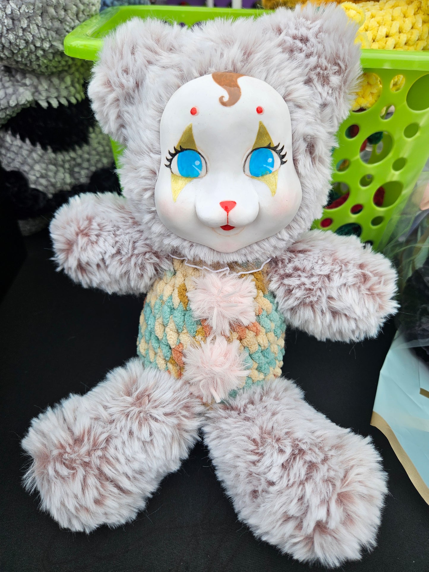 Clown Face Hand painted Clay Bear Plushie One of a Kind