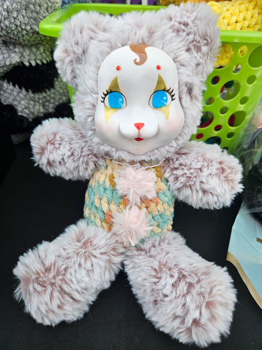Clown Face Hand painted Clay Bear Plushie One of a Kind