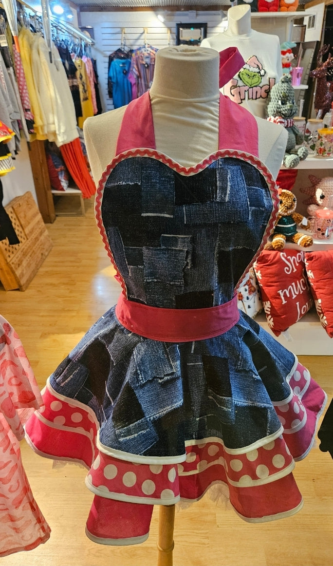 Denim Pink Polka Dot - Retro Vintage Boutique Style Apron